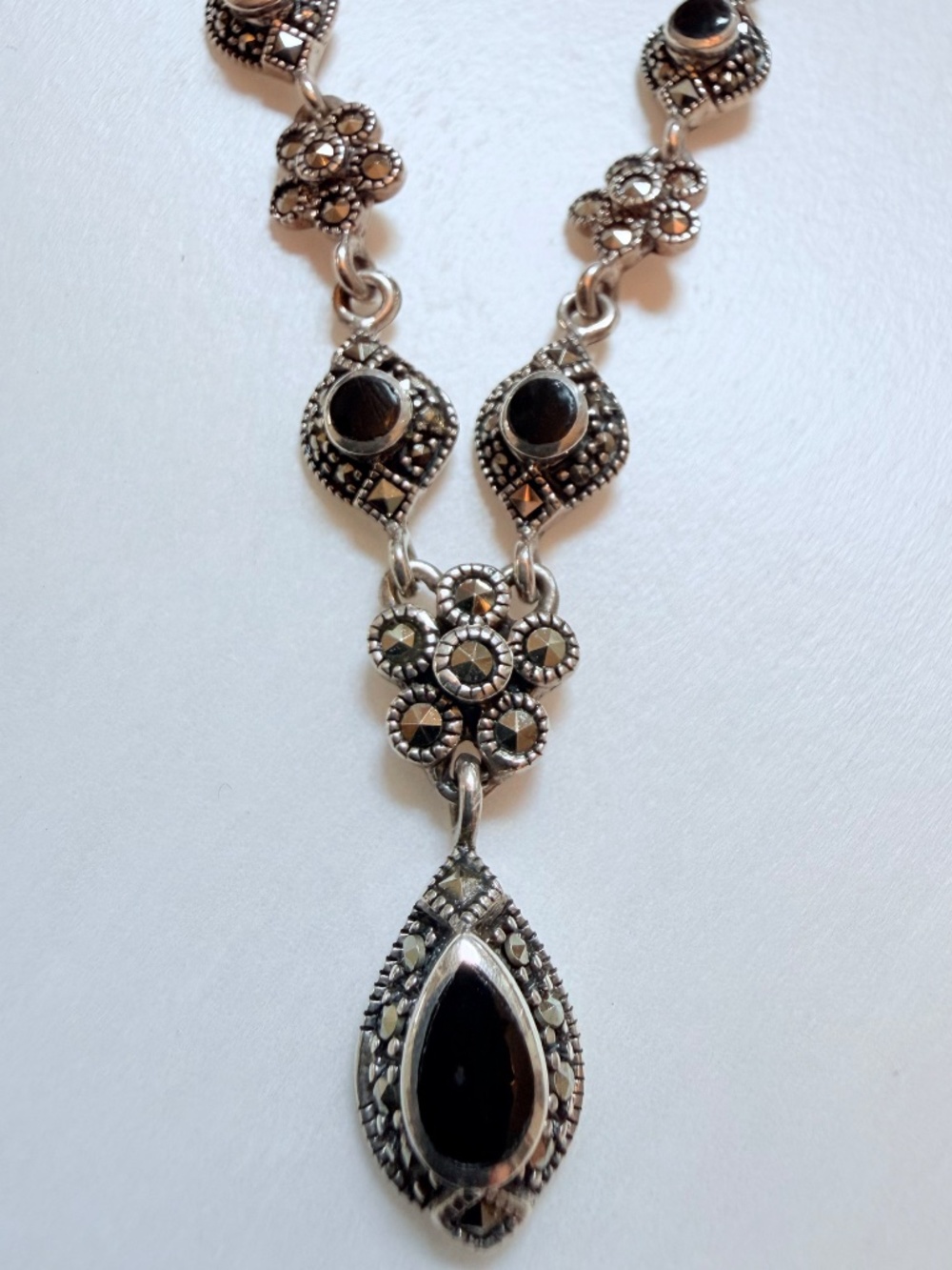 Gorgeous Vintage Victorian-style Y-shaped Necklace with Onyx and Marcasites